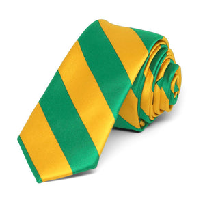 Kelly Green and Golden Yellow Striped Skinny Tie, 2" Width