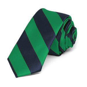 Kelly Green and Navy Blue Striped Skinny Tie, 2" Width
