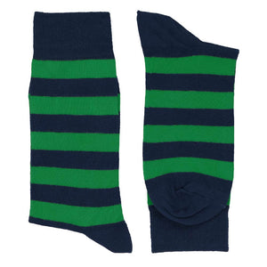 A pair of men's kelly green and navy blue striped socks, folded flat