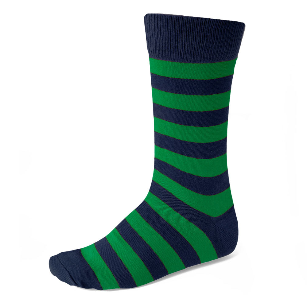 A kelly green and navy blue striped sock
