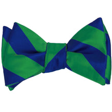 Load image into Gallery viewer, Kelly green and royal blue striped self-tie bow tie, tied