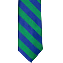 Load image into Gallery viewer, Front of a kelly green and royal blue striped tie, laid out flat