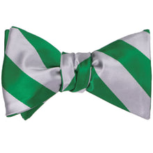 Load image into Gallery viewer, A tied self-tie bow tie in Kelly green and silver stripes