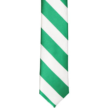 Load image into Gallery viewer, The front of a kelly green and white striped skinny tie, laid out flat