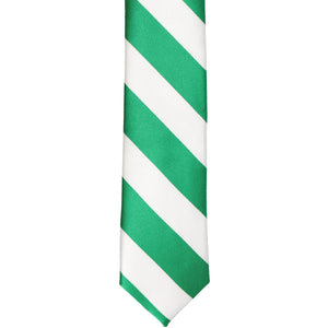 The front of a kelly green and white striped skinny tie, laid out flat