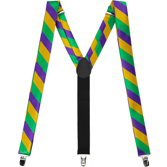A pair of striped suspenders in dark purple, gold and kelly green