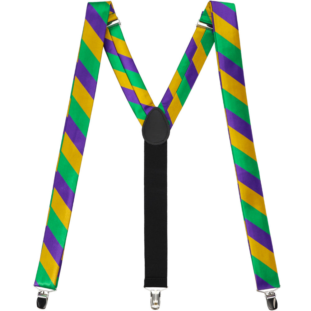 A pair of striped suspenders in dark purple, gold and kelly green