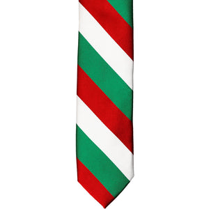 The front of a kelly green, red and white striped tie, laid out flat