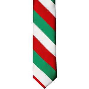 The front of a kelly green, white and red striped skinny tie, laid out flat