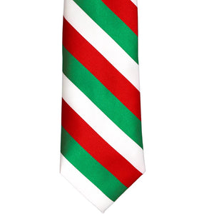 The front of a green, white and red striped tie, laid out flat