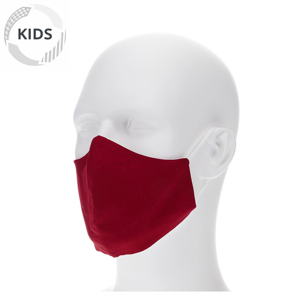 Kids burgundy face mask on a mannequin with filter pocket