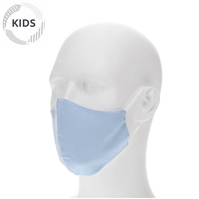 kids powder blue face mask on a mannequin with filter pocket