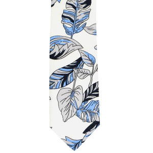 Unrolled White and blue Hawaiian flower pattern narrow tie