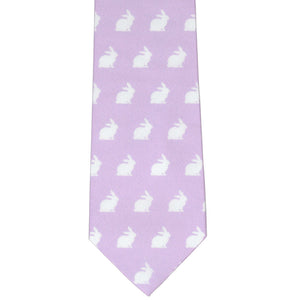 White bunny themed tie on a lavender background, front view