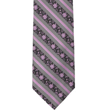 Load image into Gallery viewer, Front view of a lavender and gray floral striped necktie