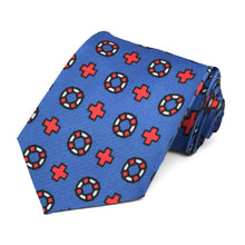 Load image into Gallery viewer, Blue lifeguard tie with rescue buoys and red crosses