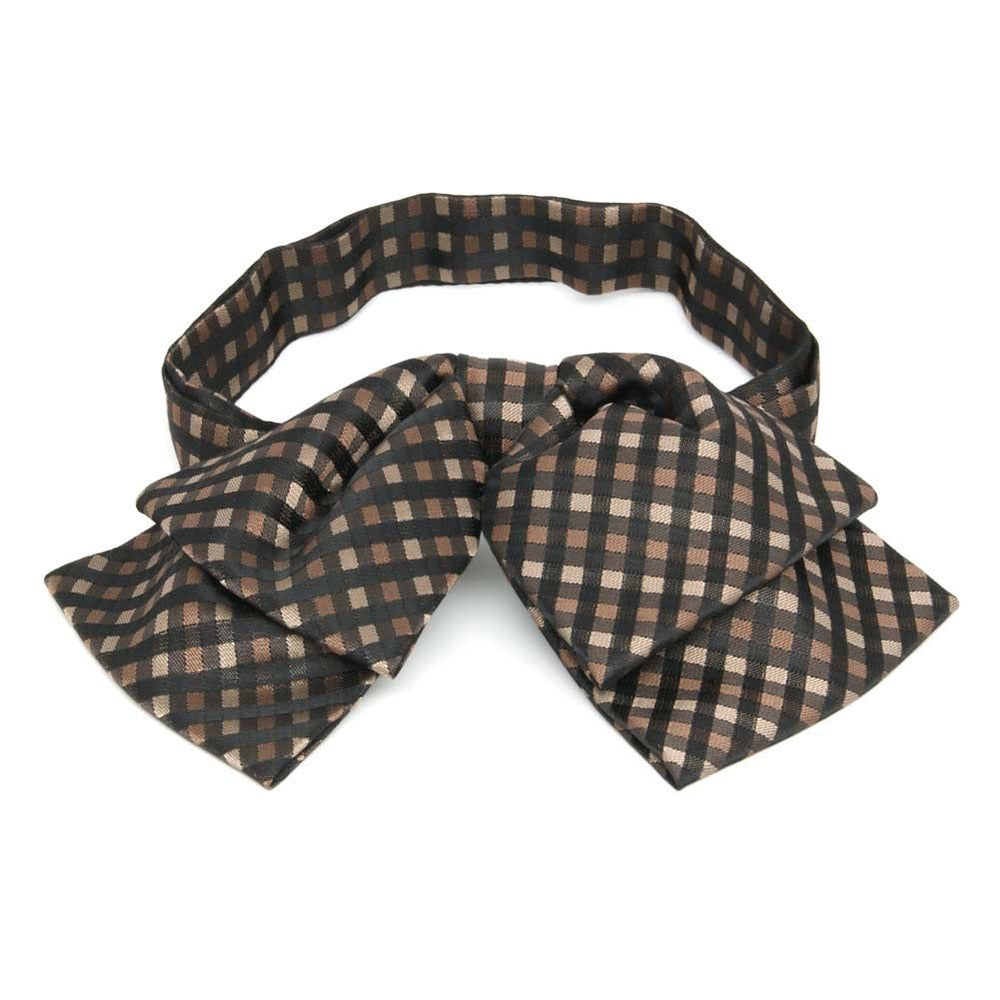 Brown and black plaid floppy bow tie, front view