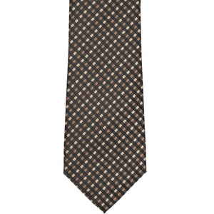 Front view of a gingham plaid tie in shades of light and dark brown