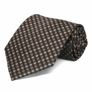 Brown and black plaid extra long tie, rolled view