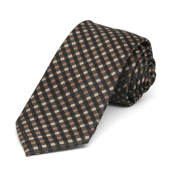 Rolled view of a slim brown and black plaid necktie
