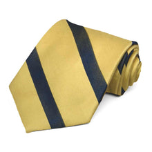 Load image into Gallery viewer, Light gold and navy blue striped necktie rolled to show the texture of the blue stripes
