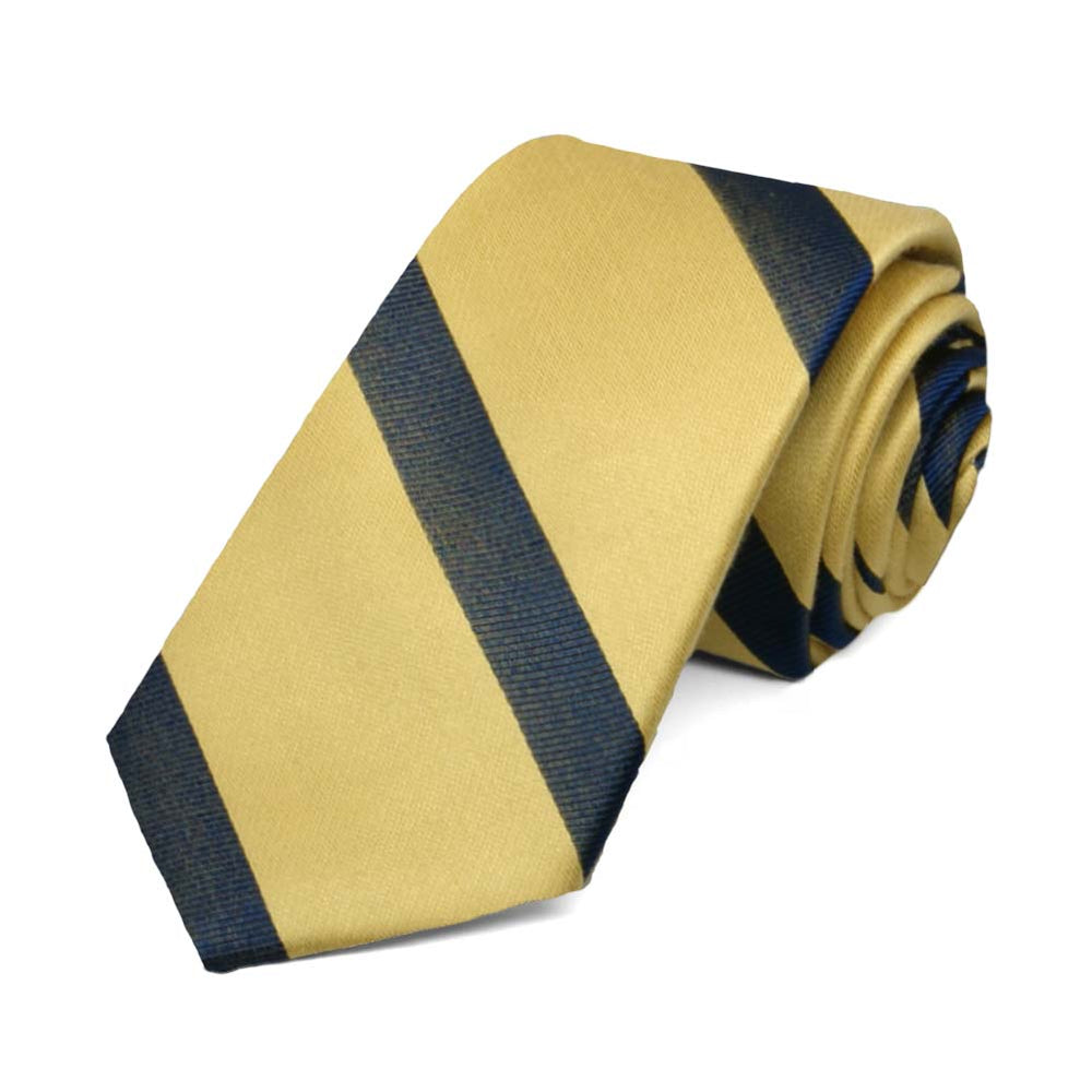 Light gold and navy blue striped tie, rolled to show the texture of the stripes