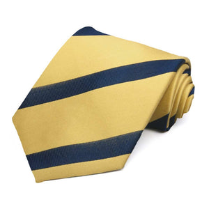 Light gold and navy blue striped necktie rolled to show the texture of the blue stripes
