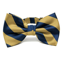 Load image into Gallery viewer, A light gold and blue striped bow tie, pre-tied
