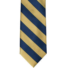 Load image into Gallery viewer, Front view of a light gold and twilight blue striped tie