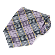 Load image into Gallery viewer, Light purple, gold and navy blue plaid necktie, rolled to show texture