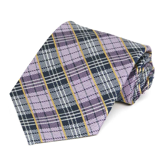 Light purple, gold and navy blue plaid necktie, rolled to show texture