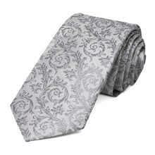 Load image into Gallery viewer, Light silver tone on tone floral tie, rolled to show off pattern