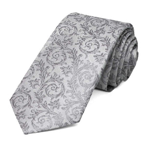 Light silver tone on tone floral tie, rolled to show off pattern