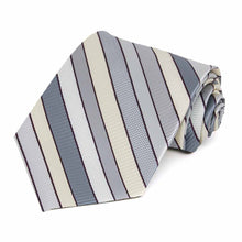 Load image into Gallery viewer, Rolled view of a light silver and cream striped extra long necktie