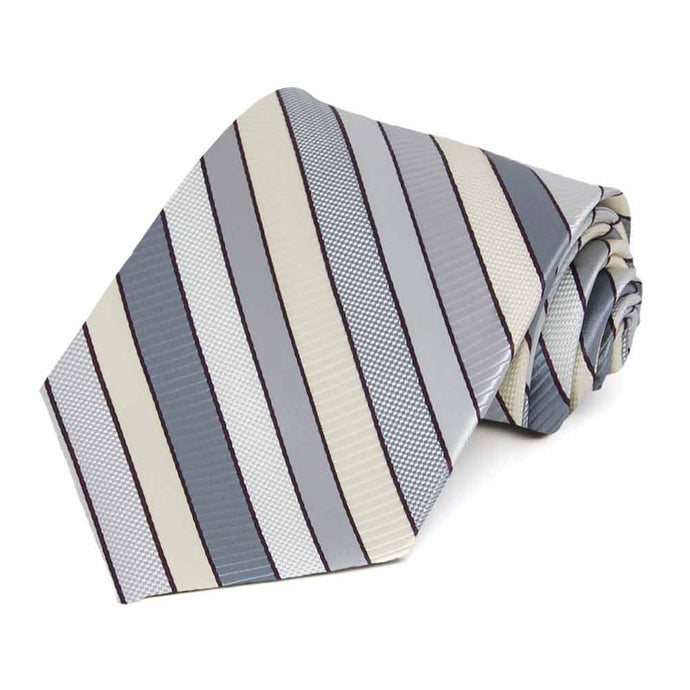 Rolled view of a light silver and cream striped extra long necktie