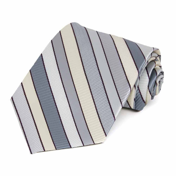 Rolled view of a light silver and cream striped necktie