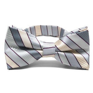 Front view of a light silver and cream striped bow tie