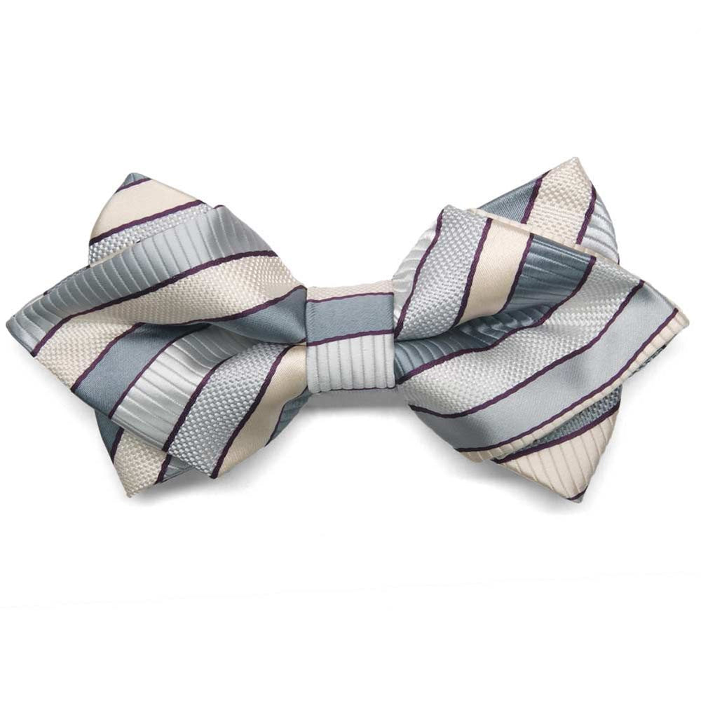 Front view of a light silver and cream striped diamond tip bow tie