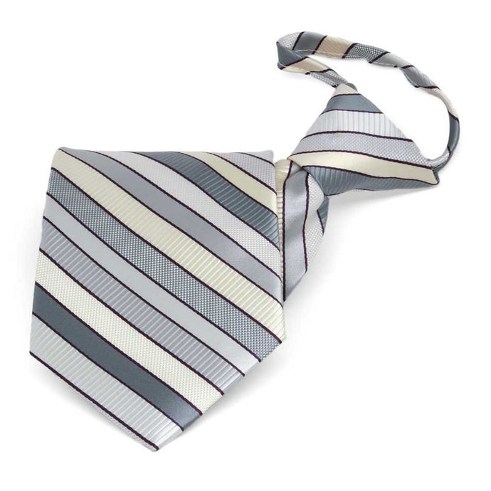 Folded front view of a light silver and cream striped zipper style necktie