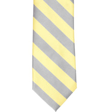 Load image into Gallery viewer, The front of a light yellow and silver striped tie