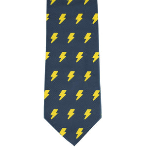 Front view lightning bolt novelty necktie in navy and yellow