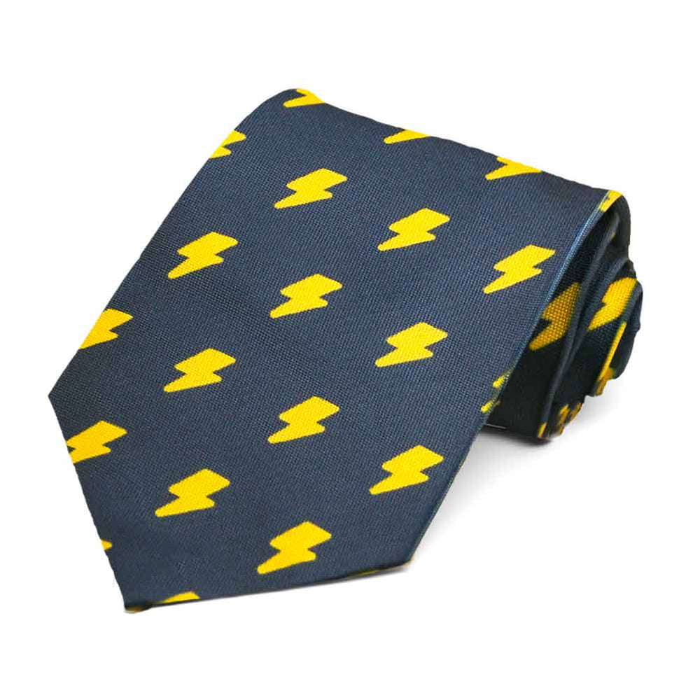 Lightning bolts theme in yellow on a navy tie.