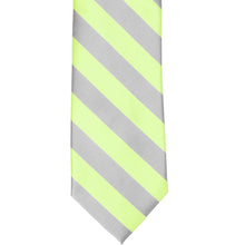 Load image into Gallery viewer, Front view of a lime and silver striped tie, laid out flat