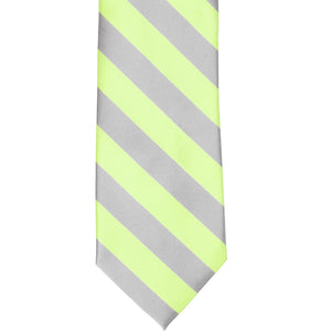 Front view of a lime and silver striped tie, laid out flat