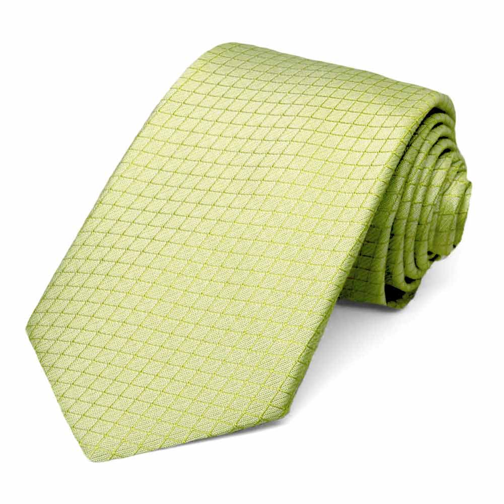 Light green lattice patterned necktie, rolled to show subtle texture
