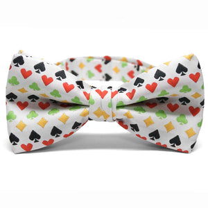 Red, black, yellow and green lucky card theme bow tie on a white background.