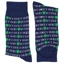Load image into Gallery viewer, Men&#39;s dark blue novelty socks with shamrocks and my lucky socks saying
