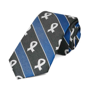 Black and blue stripe with white lung cancer awareness ribbon cotton/silk 2.5" slim tie.