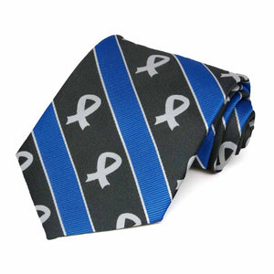 Black and blue stripe with white lung cancer awareness ribbon cotton/silk 63" extra long necktie.