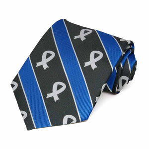 Black and blue stripe with white lung cancer awareness ribbon cotton/silk necktie.